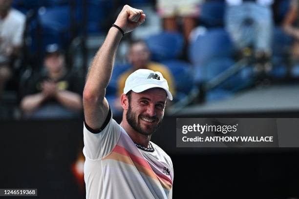 Tommy Paul of the US celebrates after beating Ben Shelton of the US in their men's singles quarter-final match on day ten of the Australian Open...