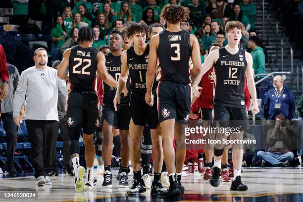 Florida State Seminoles players celebrate during a college basketball game against the Notre Dame Fighting Irish on January 17, 2023 at Purcell...