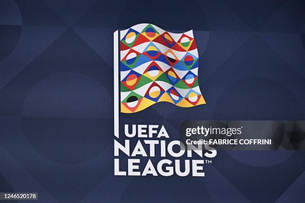 Photograph shows the logo of the UEFA Nations League during the 2023 UEFA Nations League football finals draw in Nyon, Switzerland, on January 25,...