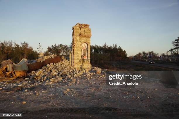 View of the last standing pillar of a demolished church in the city most affected by the ongoing war between Russia and Ukraine, which is currently...