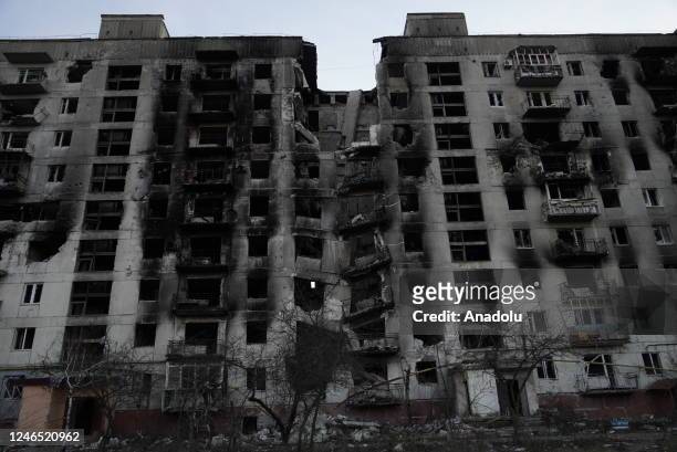 View of a residential building with heavy damage in the city most affected by the ongoing war between Russia and Ukraine, which is currently under...