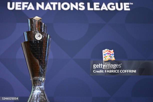 The UEFA Nations League trophy is displayed prior to the start of the 2023 UEFA Nations League football finals draw in Nyon, Switzerland, on January...