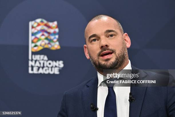 Dutch retired football player Wesley Sneijder speaks during the 2023 UEFA Nations League football finals draw in Nyon, Switzerland, on January 25,...