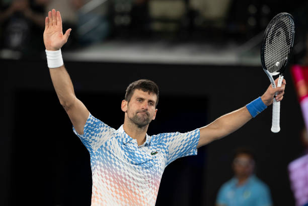 Novak Djokovic of Serbia celebrates after winning in the Quarterfinal singles match against Andrey Rublev during day ten of the 2023 Australian Open...