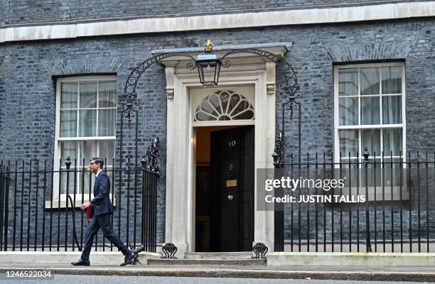 Britain's Prime Minister Rishi Sunak leaves 10 Downing Street, in London, on January 25, 2023 in order to attend the Prime Minister's Questions...