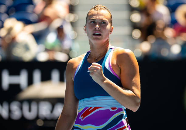 Aryna Sabalenka of Belarus in action against Donna Vekic of Croatia in her quarter-final match on Day 10 of the 2023 Australian Open at Melbourne...