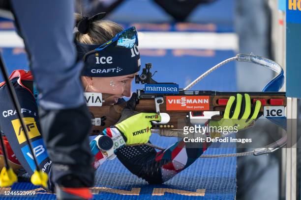 Marte Olsbu Roeiseland of Norway at the shooting range during the Women 4x6 km Relay at the BMW IBU World Cup Biathlon Antholz-Anterselva on January...
