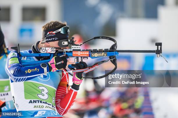 Fabien Claude of France at the shooting range during the Men 4x7.5 km Relay at the BMW IBU World Cup Biathlon Antholz-Anterselva on January 22, 2023...