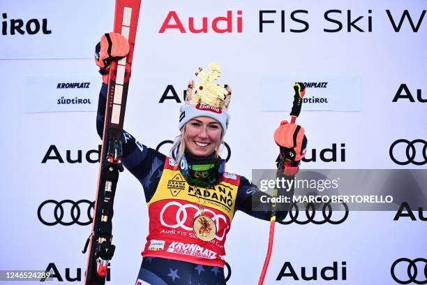 S Mikaela Shiffrin celebrates on the podium after winning the Women's Giant Slalom as part of the FIS Alpine World Ski Championships in Kronplatz ,...