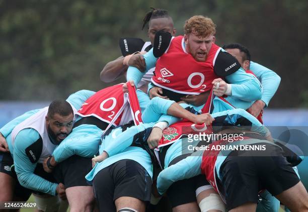 England's Ollie Chessum takes part in a team training session at Pennyhill Park, in Bagshot, on January 25, 2023 ahead of the Six Nations rugby union...