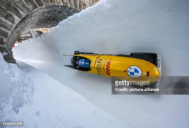 January 2023, Switzerland, St. Moritz: Bobsleigh: Bobsleigh and Skeleton World Championships, training two-man bobsleigh, men, in the Olympic Bob Run...