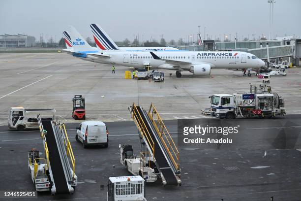 Aircrafts of Air France and KLM are seen at the Charles de Gaulle Airport, near Paris, France on January 25, 2023.
