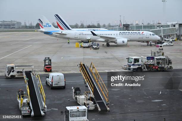 Aircrafts of Air France and KLM are seen at the Charles de Gaulle Airport, near Paris, France on January 25, 2023.