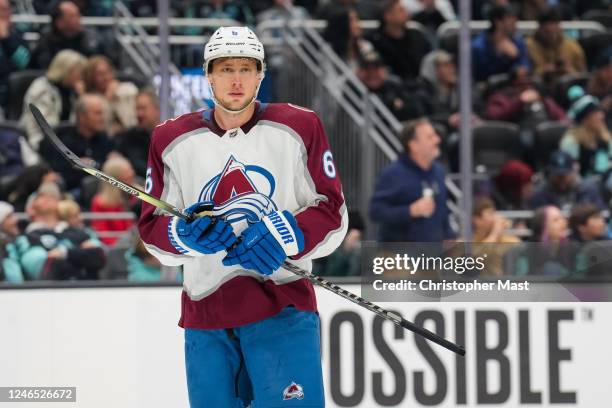 Erik Johnson of the Colorado Avalanche looks on during the second period of a game against the Seattle Kraken at Climate Pledge Arena on January 21,...