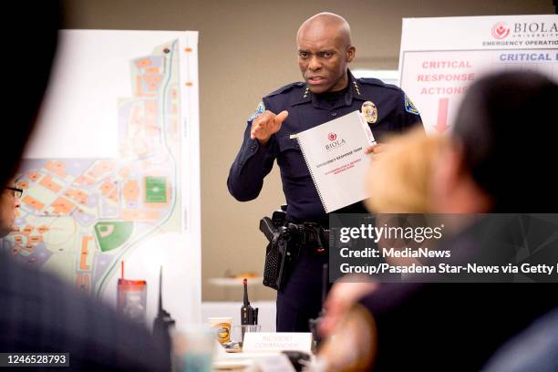 Biola University Campus Safety Chief John Ojeisekhoba leads the lockdown drill in the incident command center. Biola University, in conjunction with...