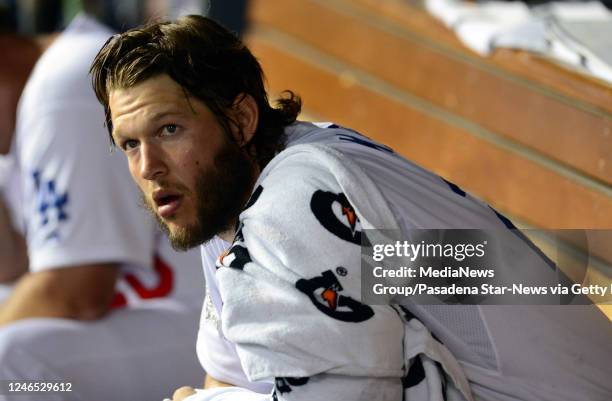 Los Angeles Dodgers starting pitcher Clayton Kershaw in the dugout in the first inning of a Major League Baseball National League Division Series...