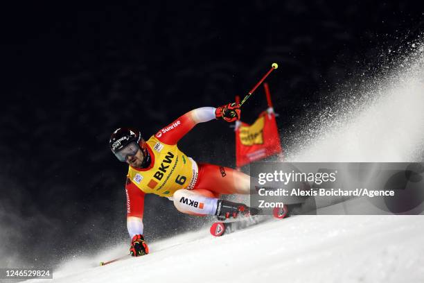 Loic Meillard of Team Switzerland in action during the Audi FIS Alpine Ski World Cup Men's Giant Slalom on January 25, 2023 in Schladming, Austria.