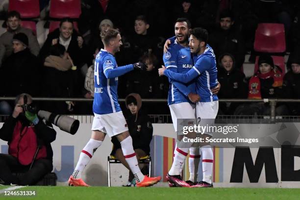 Vangelis Pavlidis of AZ Alkmaar celebrating 0-1 with Yukinari Sugawara of AZ Alkmaar, Peer Koopmeiners of AZ Alkmaar during the Dutch Eredivisie...