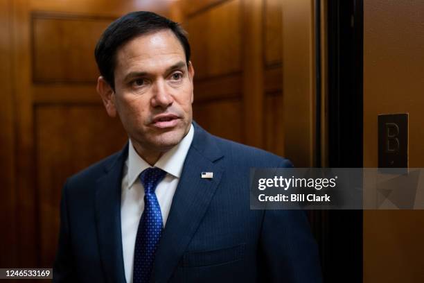 Sen. Marco Rubio, R-Fla., stops to talk to reporters as he arrives in the Capitol from the Senate subway on Wednesday, January 25, 2023.