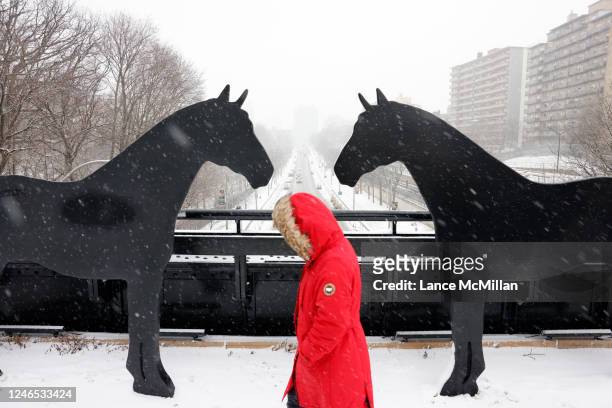 January 25 - A person walks along an overpass above Yonge St. On a snowy day in Toronto. Snow began to accumulate Wednesday morning, with Environment...