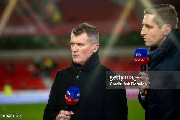 Roy Keane looks on prior to the Carabao Cup Semi Final 1st Leg match between Nottingham Forest and Manchester United at City Ground on January 25,...