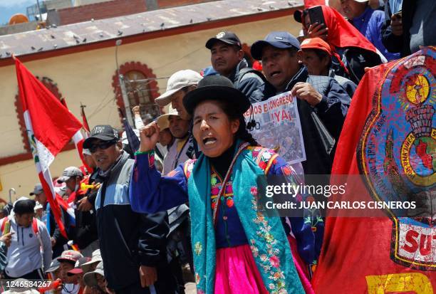 Residents hold a protest against the government of President Dina Boluarte and to demand her resignation, in Puno, Peru, on January 25, 2023. -...