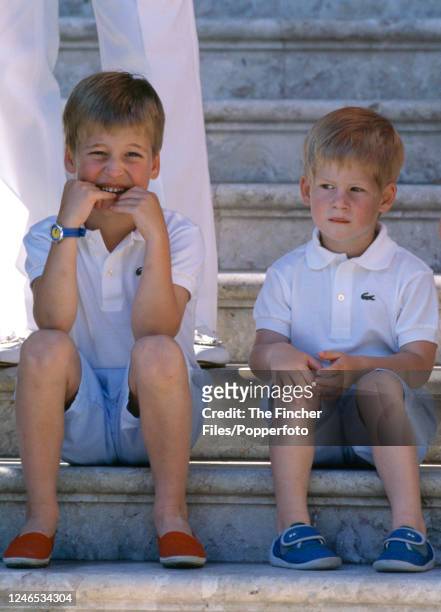 Prince William and HRH Prince Harry during a holiday with the Spanish royal family at Marivent Palace in Palma, Majorca, Spain on 13th August 1988.