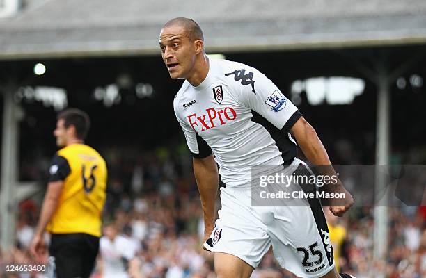 Bobby Zamora of Fulham celebrates his goal during the Barclays Premier League match between Fulham and Blackburn Rovers at Craven Cottage on...