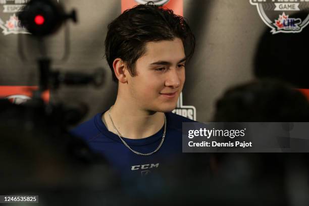 Forward Connor Levis of the Kamloops Blazers speaks to the press during the 2023 Kubota CHL Top Prospects Game Practice at the Langley Events Centre...