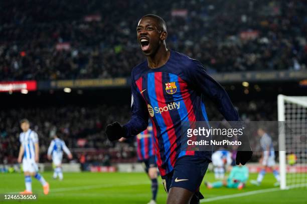 Ousmane Dembele right winger of Barcelona and France celebrates after scoring his sides first goal during the Copa Del Rey Quarter Final match...