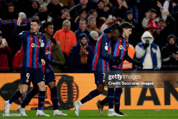 Ousmane Dembele of FC Barcelona celebrates 1-0 with Gavi of FC Barcelona, Robert Lewandowski of FC Barcelona, Alejandro Balde of FC Barcelona during...