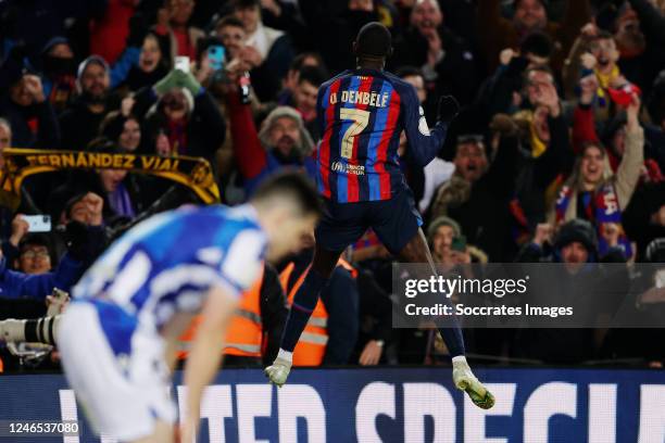 Ousmane Dembele of FC Barcelona celebrates 1-0 during the Spanish Copa del Rey match between FC Barcelona v Real Sociedad at the Spotify Camp Nou on...