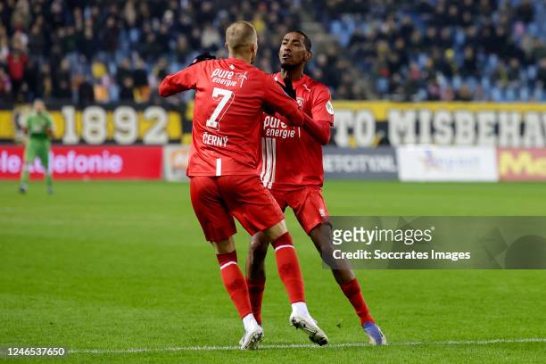 Vaclav Cerny of FC Twente celebrates 2-2 with Joshua Brenet of FC Twente during the Dutch Eredivisie match between Vitesse v Fc Twente at the...