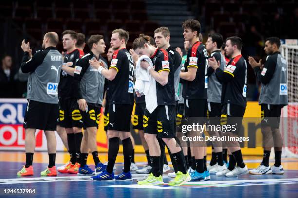 Gdansk, Poland Juri Knorr of Germany and team of Germany looks on after loosing the match during the IHF Men´s World Championship 2023 -...