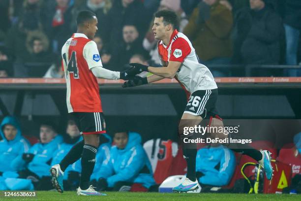 Igor Paixao of Feyenoord Rotterdam and Oussama Idrissi of Feyenoord Rotterdam substitutes during the Dutch Eredivisie match between Feyenoord and NEC...