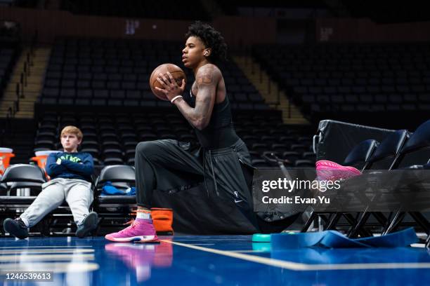 Javonte Cooke of the Iowa Wolves warms up before the game against the Long Island Nets on January 25, 2023 at Nassau Coliseum in Uniondale, New York....