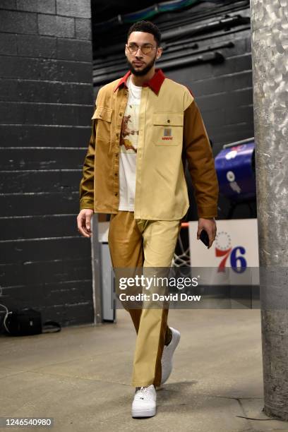 Ben Simmons of the Brooklyn Nets arrives to the arena before the game against the Philadelphia 76ers on January 25, 2023 at the Wells Fargo Center in...