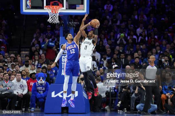 Kyrie Irving of the Brooklyn Nets drives to the basket during the game against the Philadelphia 76ers on January 25, 2023 at the Wells Fargo Center...