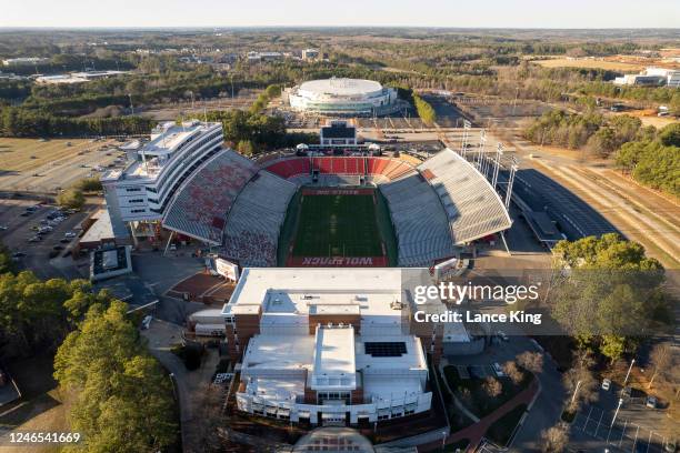 An aerial view of Carter-Finley Stadium and PNC Arena ahead of the game between the Notre Dame Fighting Irish and the NC State Wolfpack on January...