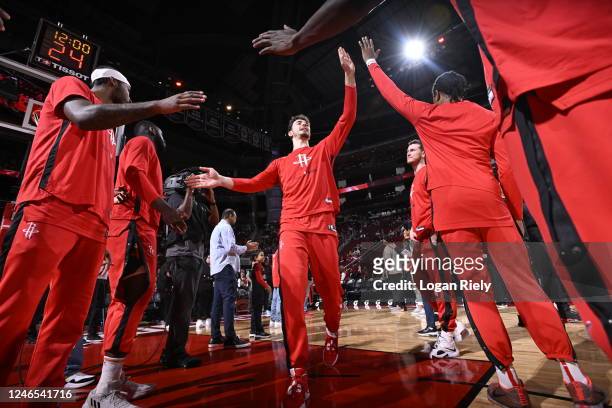 Alperen Sengun of the Houston Rockets is introduced before the game against the Washington Wizards on January 25, 2022 at the Toyota Center in...
