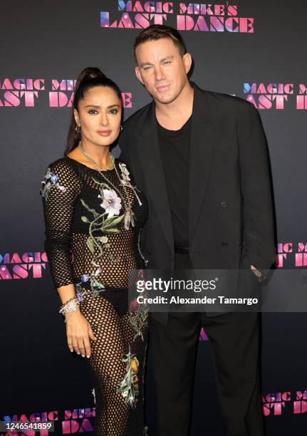 Salma Hayek and Channing Tatum attend the "Magic Mike's Last Dance" World Premiere on January 25, 2023 in Miami Beach, Florida.
