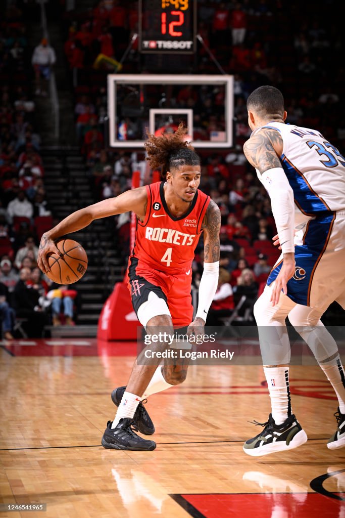 Wizards Rockets Jalen Green of the Houston Rockets handles the ball against defender ...