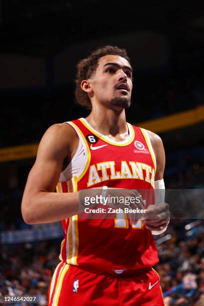 Trae Young of the Atlanta Hawks looks on during the game against the Oklahoma City Thunder on January 25, 2023 at Paycom Arena in Oklahoma City,...