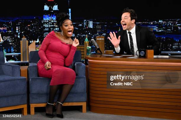 Episode 1785 -- Pictured: Actress Keke Palmer and host Jimmy Fallon during the Jinx Challenge on Wednesday, January 25, 2023 --