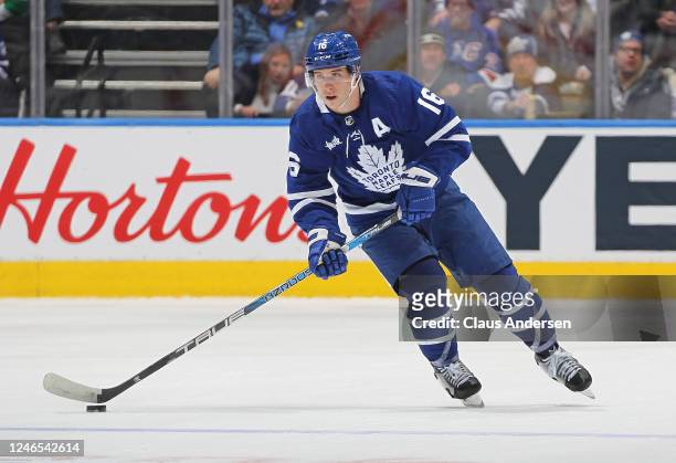 Mitchell Marner of the toronto Maple Leafs skates to the attack in overtime against the New York Rangers during an NHL game at Scotiabank Arena on...