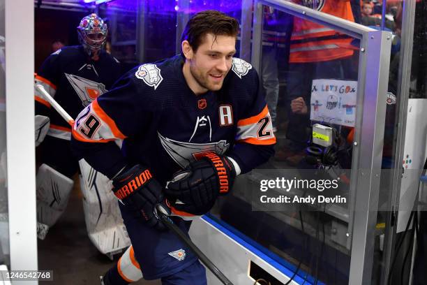 Leon Draisaitl of the Edmonton Oilers prepares to step onto the ice for warm ups before the game against the Columbus Blue Jackets on January 25,...
