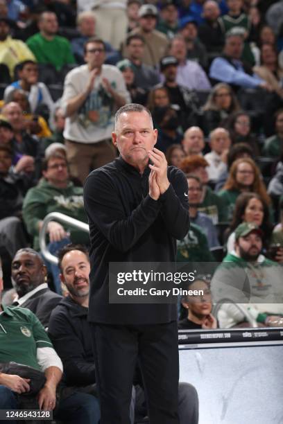 Head Coach Michael Malone of the Denver Nuggets during the game against the Milwaukee Bucks on January 25, 2023 at the Fiserv Forum Center in...