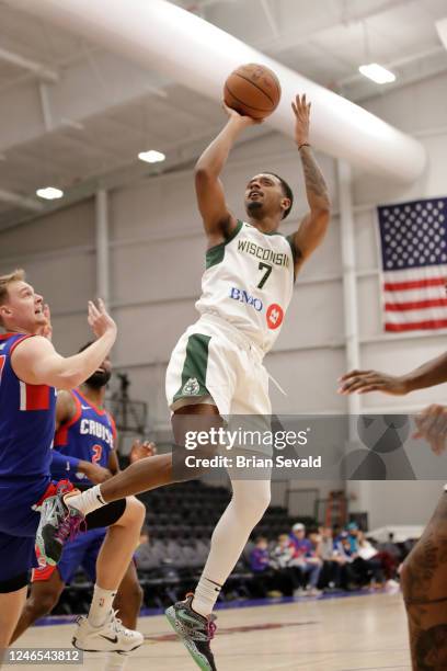 Elijah Hughes of the Wisconsin Herd shoots the ball during the second half of the game against the Motor City Cruise on January 25, 2023 at Wayne...