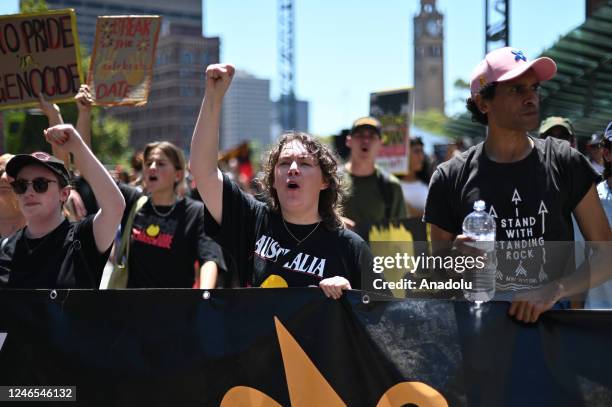 People participate in an âInvasion Dayâ protest in Sydney, Australia, on January 26, 2023. Thousands of protesters have descended on city streets in...