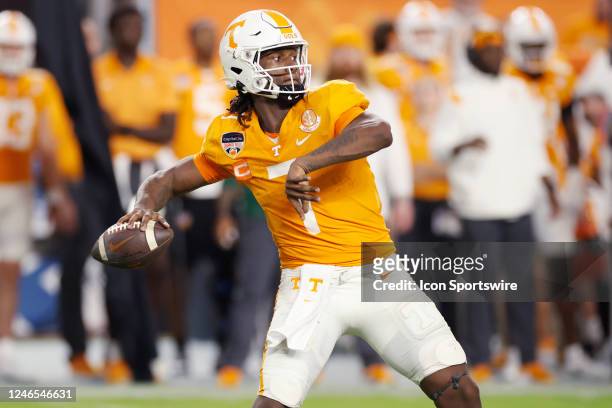 Tennessee Volunteers quarterback Joe Milton III passes the ball during the Capital One Orange Bowl against the Clemson Tigers on December 30, 2022 at...